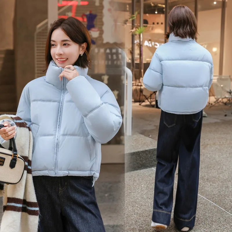 Autumn Winter Ladies Stand Collar Short Jackets Loose Windproof Thick Warm Zipper Pockets Solid Casual Korean Padded Outerwear 3