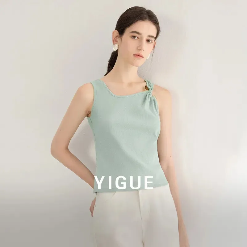 Women Solid Sleeveless  Top Shoulder Twist Decor Slim Elegant Camisole For Inner Outer Wear