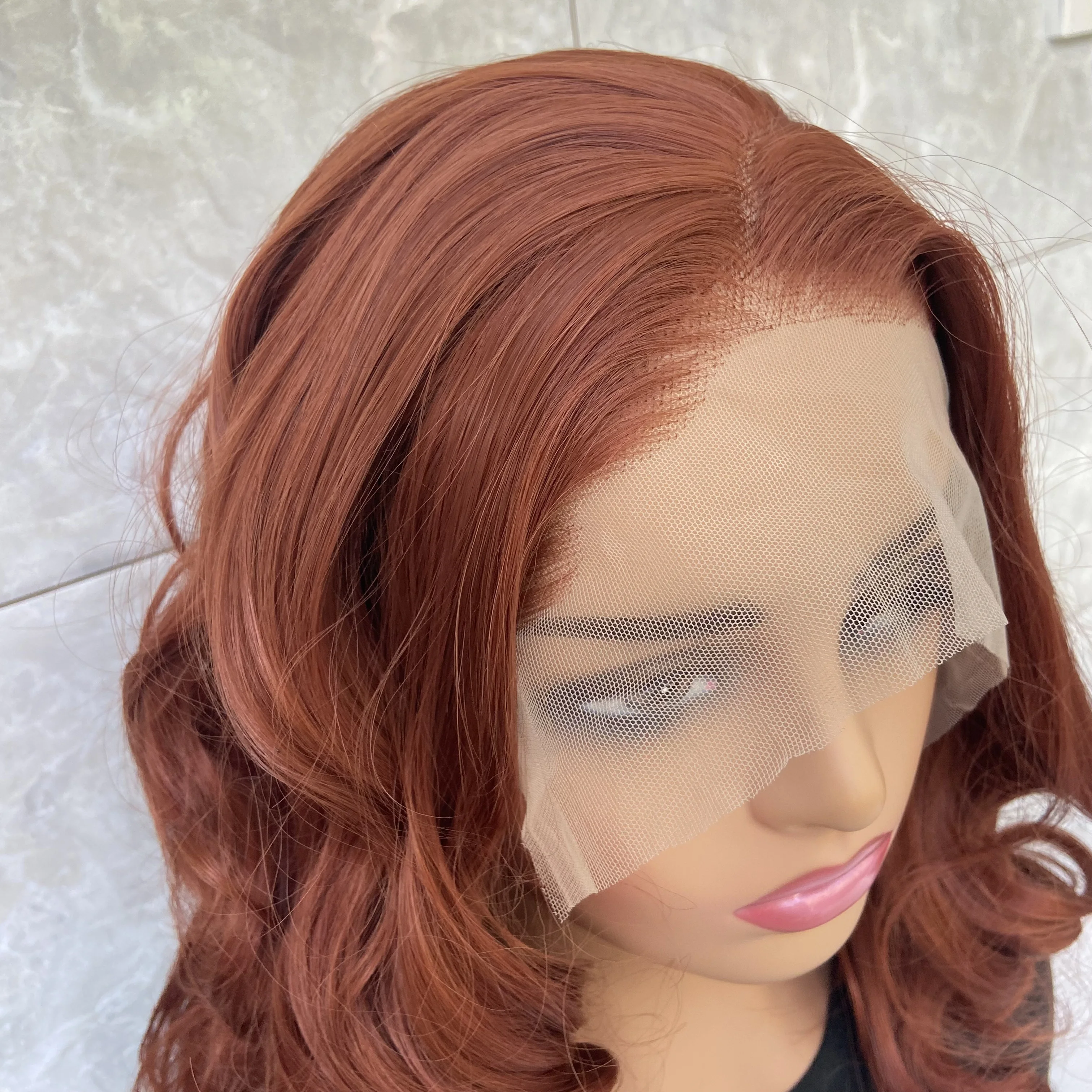 Peluca de cabello humano ondulado medio para mujer, pelo sintético frontal con encaje rojo de cobre, mezcla de calor, suave, Natural, uso diario