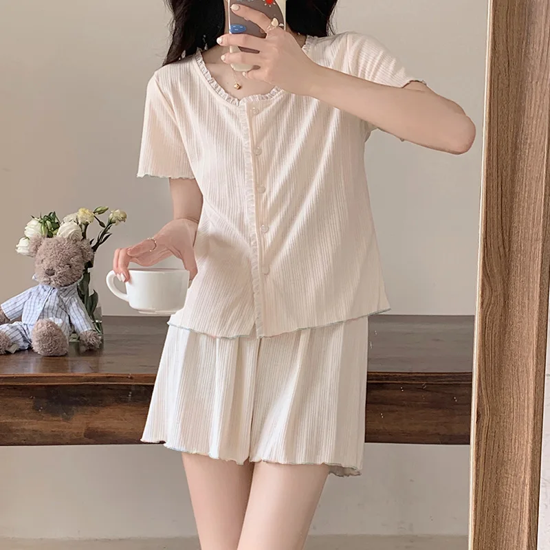 

Летний хлопковый комплект пижамы для женщин: сексуальный, из чистого хлопка, новый тренд, маленький размер, простой кружевной дизайн, светло-коричневый цвет, легкий, для сна.