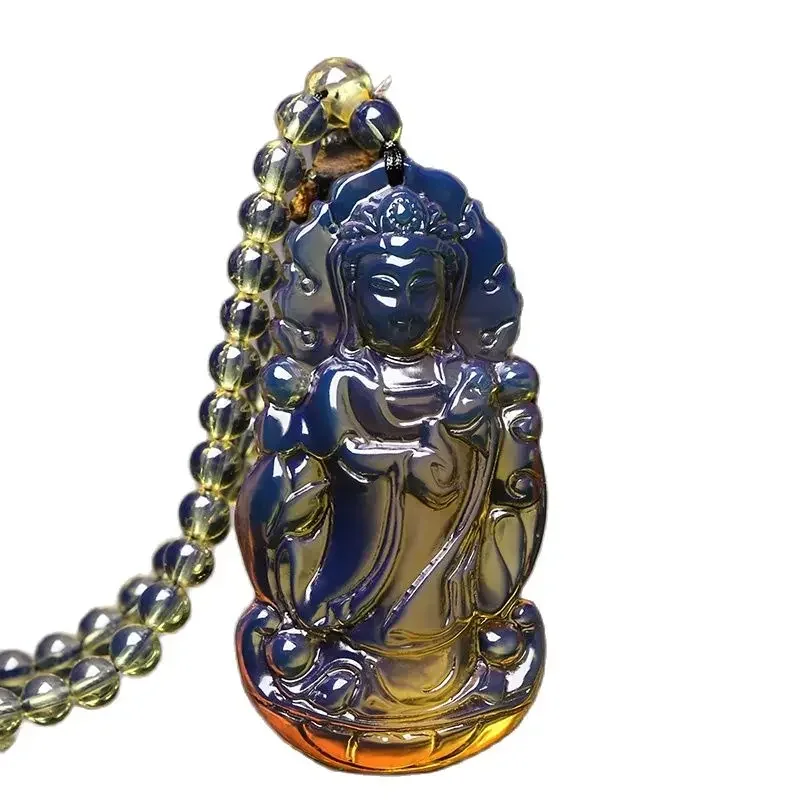 Buddha Necklace Natural Domi Blue Potter Pendant Sweater Chain Raw Mineral Honey Wax Amber Men's Guanyin Necklace Pendant