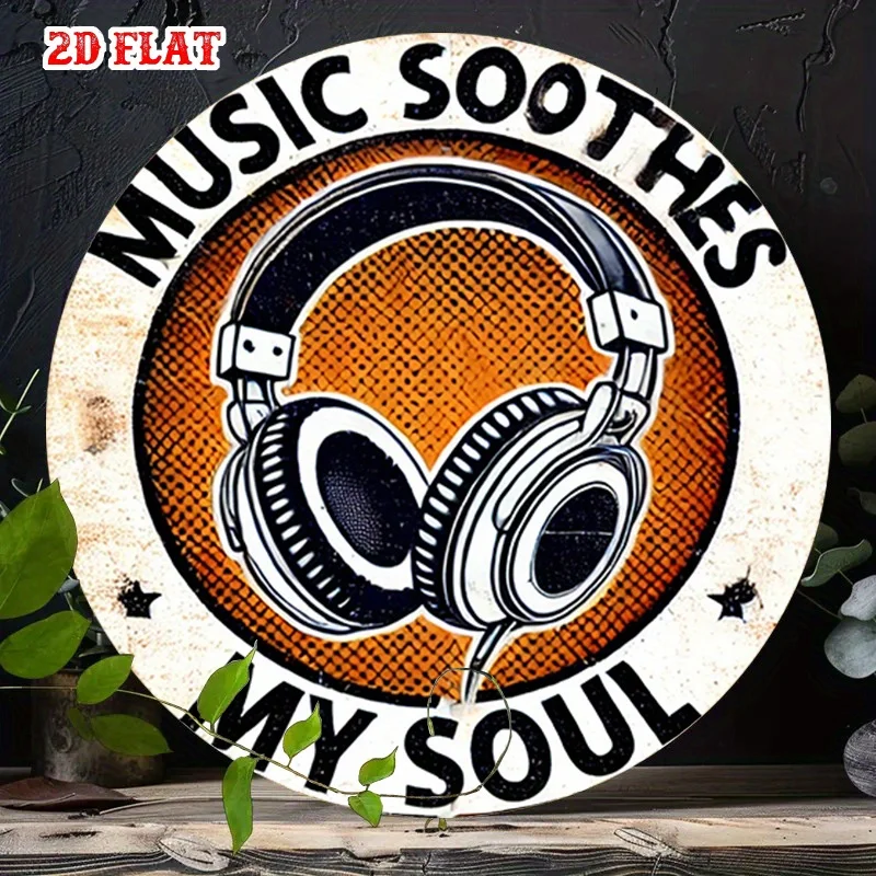 2D Flat - Round Aluminum Sign Measuring 7.87X7.87 Inches Featuring an Inspirational Quote, Designed in a Headphones Style.