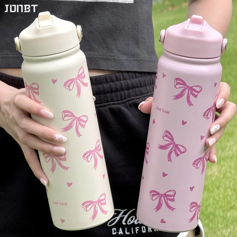 

800ml Cute Bow Thermos Stainless Steel Large Insulated Travel Vacuum Cup Outdoor Leak-Proof Camping Travel Gym Tumbler Drinkware