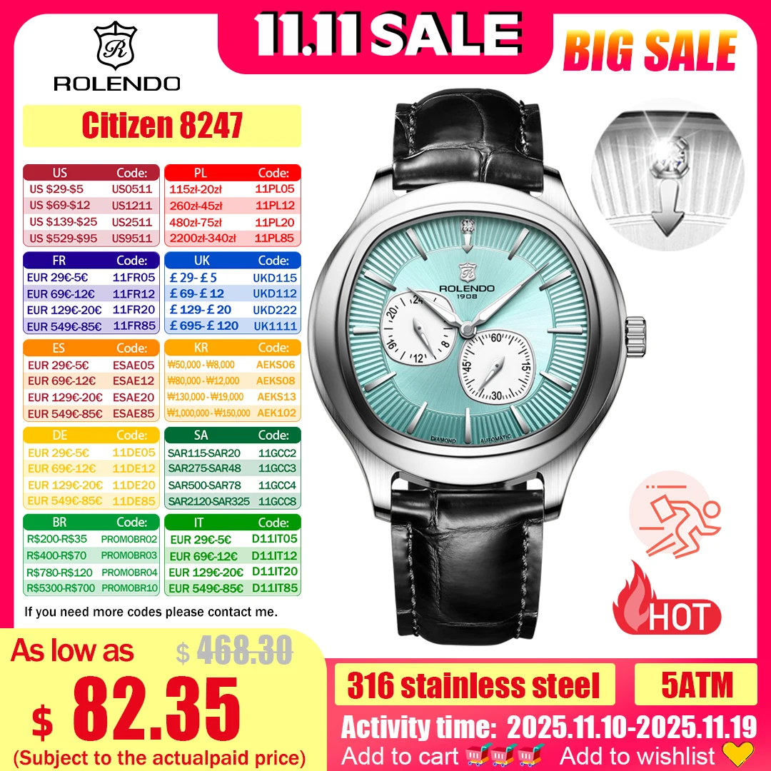 

ROLENDO Automatic Mechanical Watch Men's Polo Emperador 42mm Multi-function dial Leather Strap Waterproof Wristwatch Business