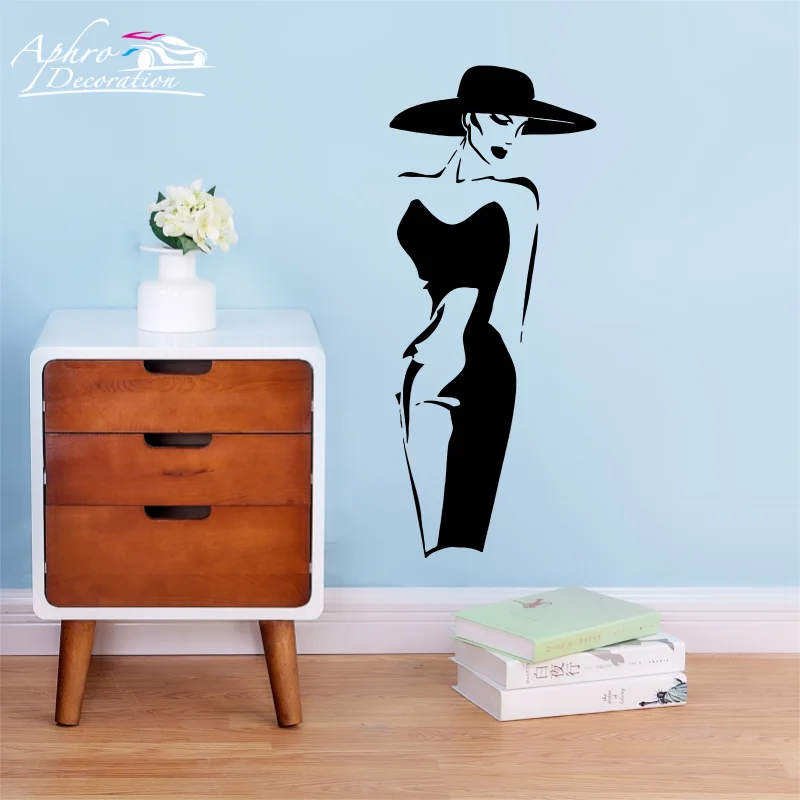 

Fashion Lady Model Wll Vinyl Sticker Window Decal For Clothing Boutique Fashion Woman With Black Dress Self-adhesive Murals