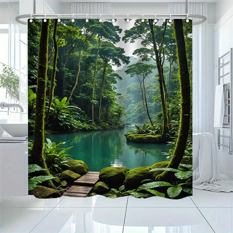 Tropical Rainforest Shower Curtain Nature Landscape Art Bathroom Decor Green Forest Lake Bath Curtains Modern Home Interior