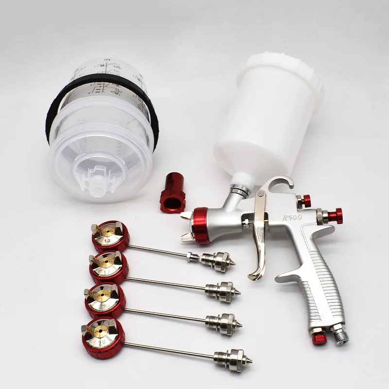 R500-フルスプレーガンキット,1.3mm, 1.5mm, 1.7mm, 2.0mmノズル,600cc,クリーニングカップなし,自動車塗装,重力スプレーガン
