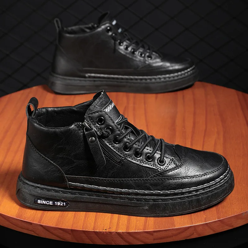 

2025 Men's trend versatile leather casual platform thermal cotton shoe Winter fleece boots men high-top shoes