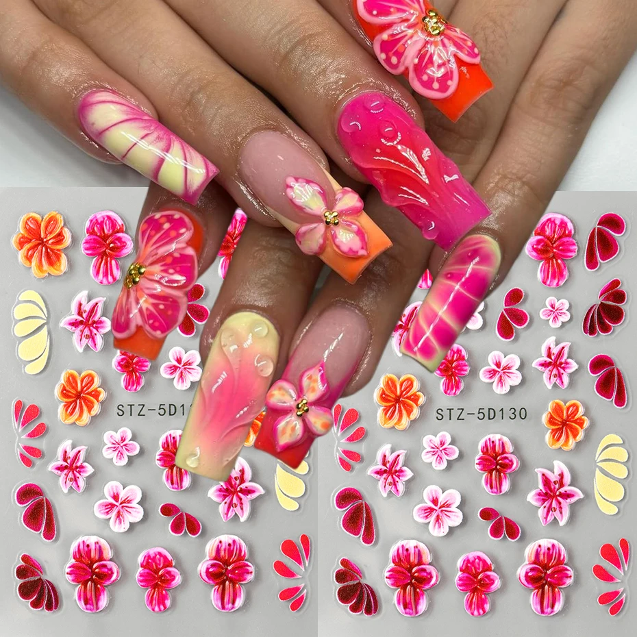 5D Embossed Pink Flower Petal Nail Art Stickers Self-Adhesive Engraved Slider Nail Decals for Nail Decoration Women And DIY