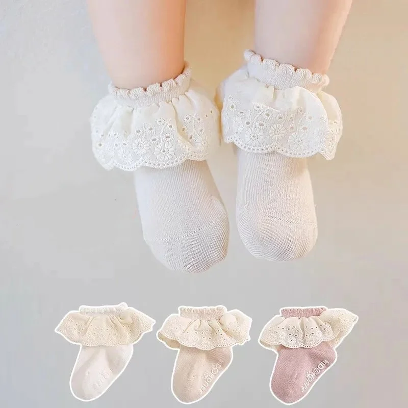 Newborn Baby Socks For Girls Autumn Spring Lace Princess Floor Socks Cotton Boneless Anti Slip Toddlers Infant Short Sock 0-3Yrs