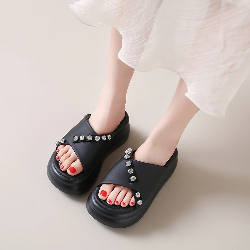 7.5CM Heels Chunky Slippers For Women Open Toe Platform Leather Sandals Woman 2024 New Summer Thick Bottom Beach Flip Flops