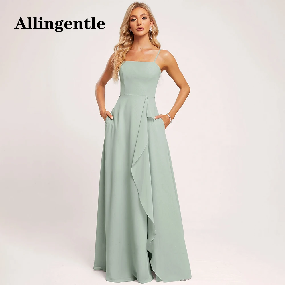 Allingentle-Simples Spaghetti Vestidos de dama de honra, A-Line Evening Party Gown, colarinho quadrado, até o chão, fenda lateral, 2024