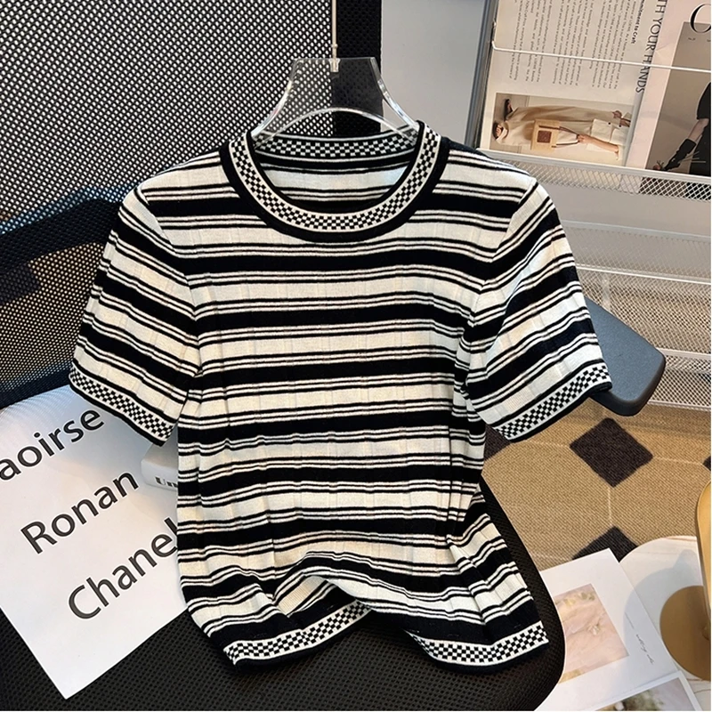 Casual Tees Women Knitting Tops Round Neck Contrast Stripe Short Sleeve Ladies Shirts Summer Sweaters Female Pullovers T-shirt