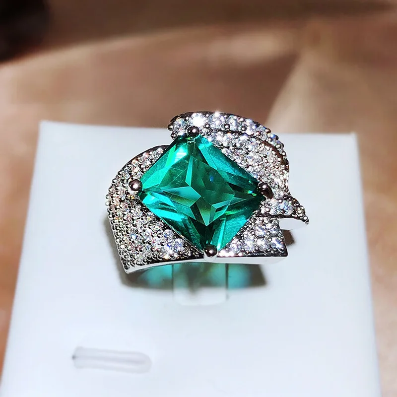 With 925 Stamp High-definition Zircon Adjustable Jewelry Heavy Inlaid Emerald Sterling Silver Ring Women's Party Wedding Rings