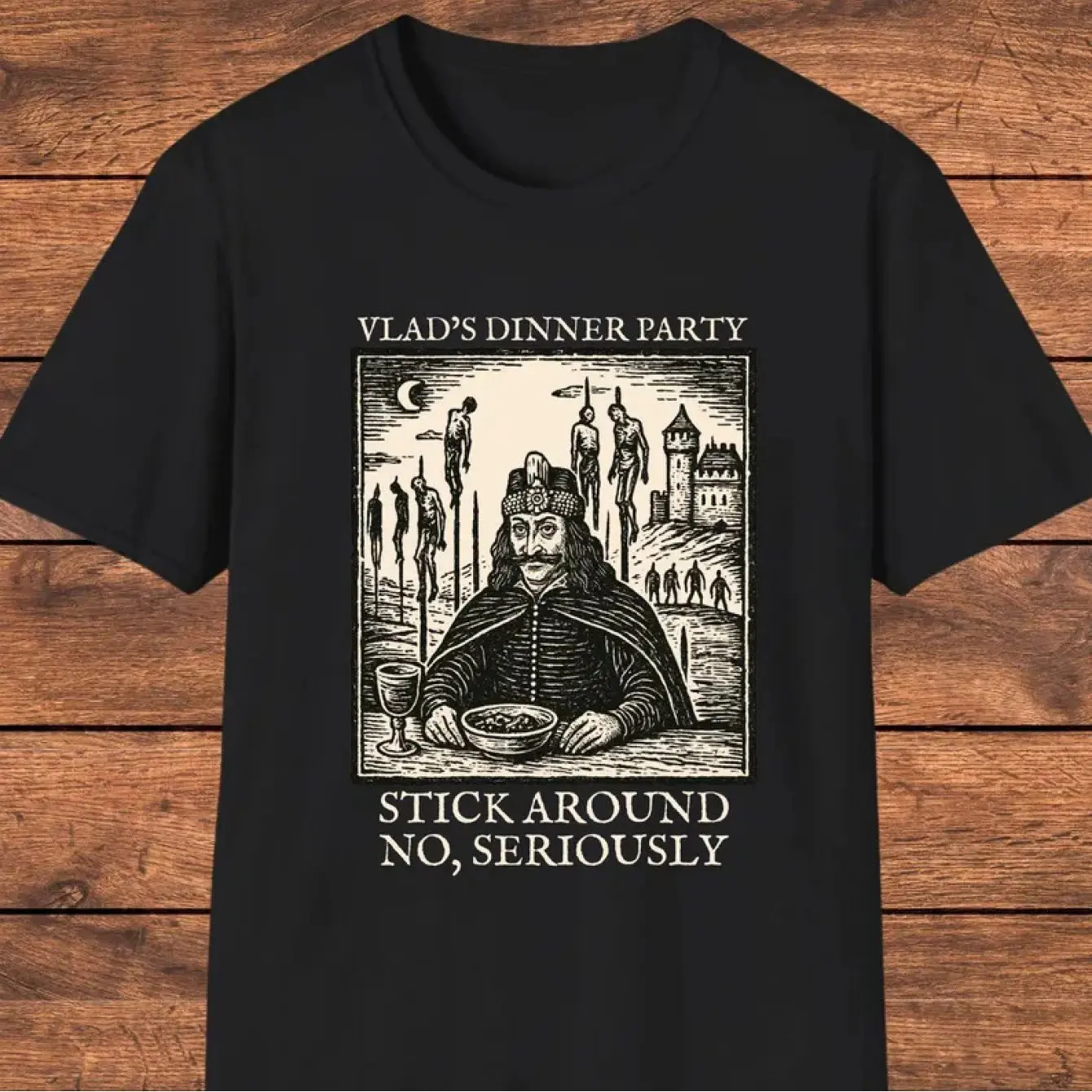 Piercer Vlad T-shirt Gothic Medieval Humor T-shirt Woodcut Vampire Art T-shirt Fun Pattern Horror Pun Death Core T-shirt