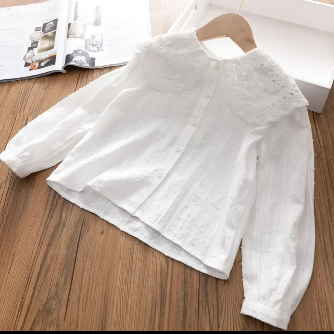 Blouses Girl Undershirt Shirt Baby Lace Korean Shirt Fashion Children Cotton Tops Turn Down Collar Button Sweet 3-12 Years