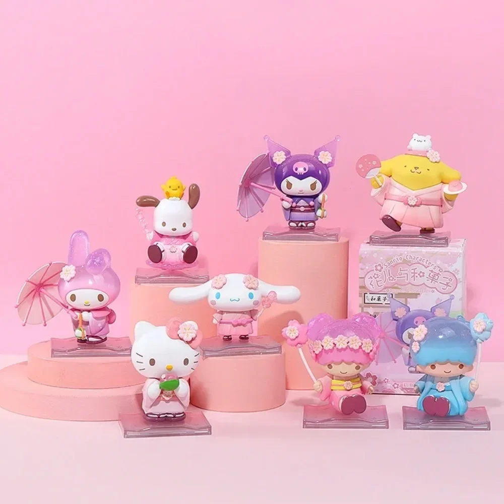 Sanrio Blossom And Wagashi Series Blind Box Kitty Cinnamoroll Action Figure Kuromi Melody Figurine Collection Toys Birthday Gift