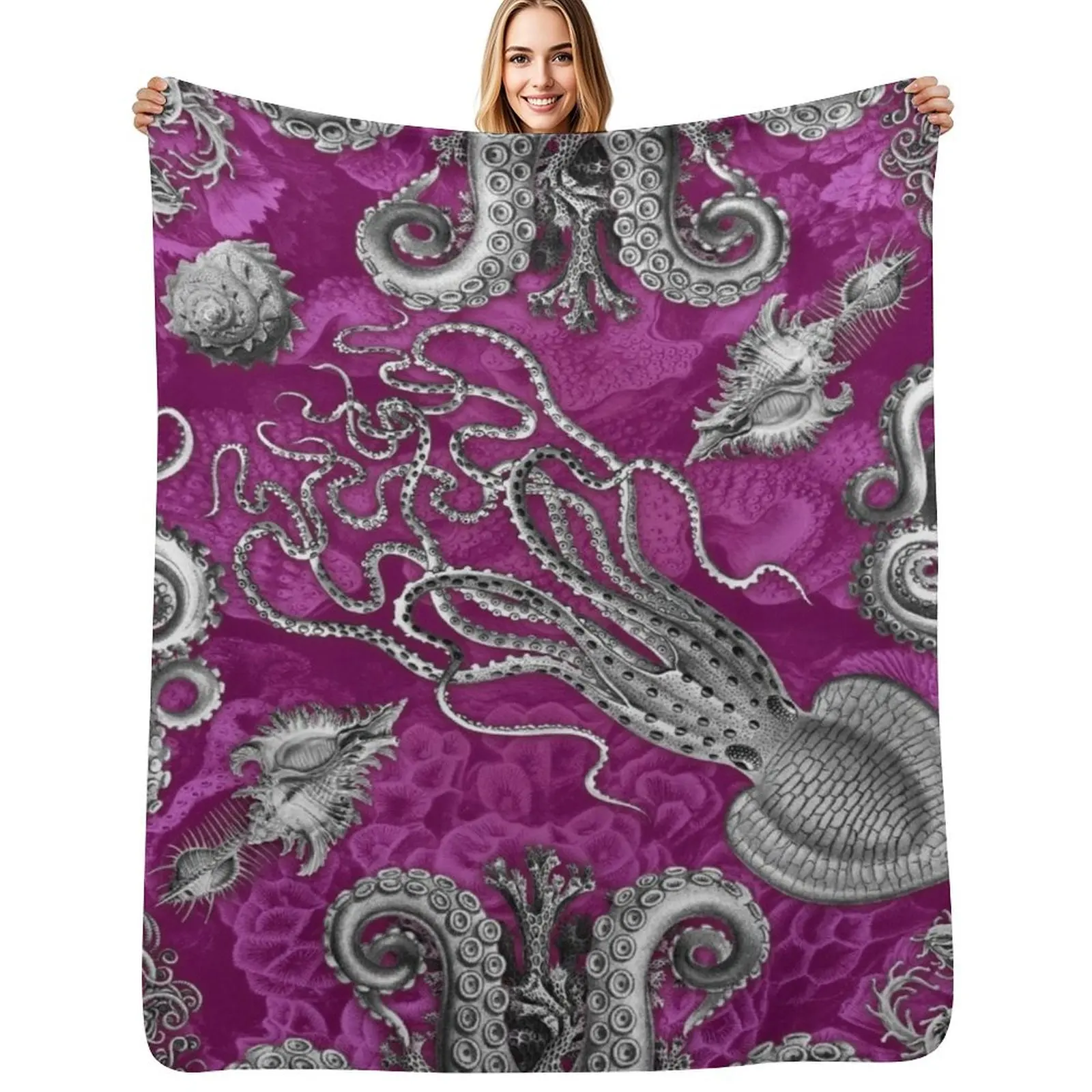 

Octopus Squid Kraken Art Tentacles Seashell Deep Sea Ocean Creatures Lover (Pink, Alt) Throw Blanket Couch blanket decor