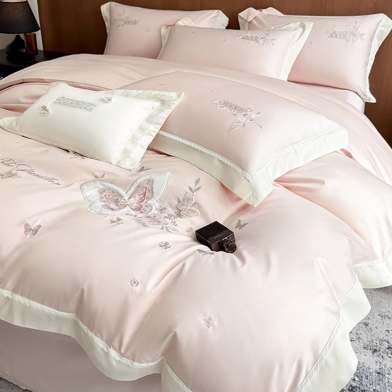 60S Long‑Staple Cotton Butterfly Floral Embroidery Luxury Bedding Set Duvet Cover Bed Sheet/Fitted Sheet Pillowcases 4‑Pcs