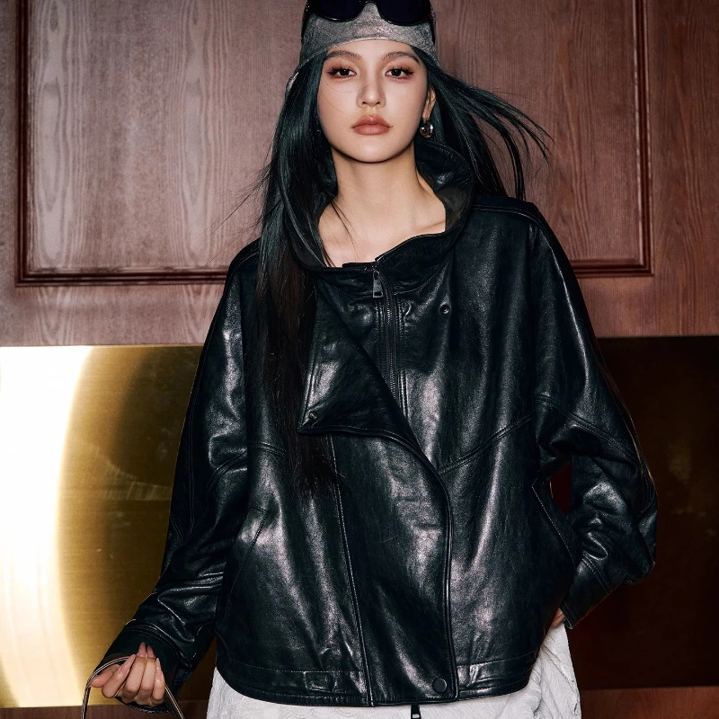 YOLANFAIRY real sheepskin jacket woman autumn stand collar vintage loose dark brown/black Motorcycle Leather jacket female 2025