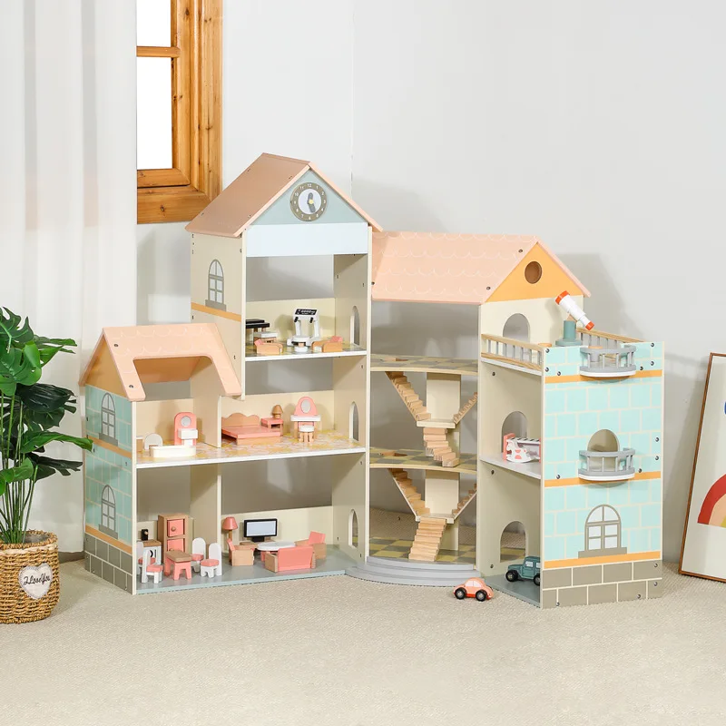 Girls Toys Diy Wooden Corner Large Dollhouse Miniature Doll House Furniture House Accessories Montessori Interactive Toys Gift