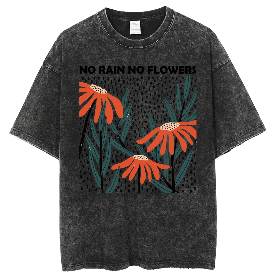 Flower Rain Print 2024 New Women's T-Shirt Oversized Wash Denim Couple Half Sleeve Street Cool Top Fashion Design Tees