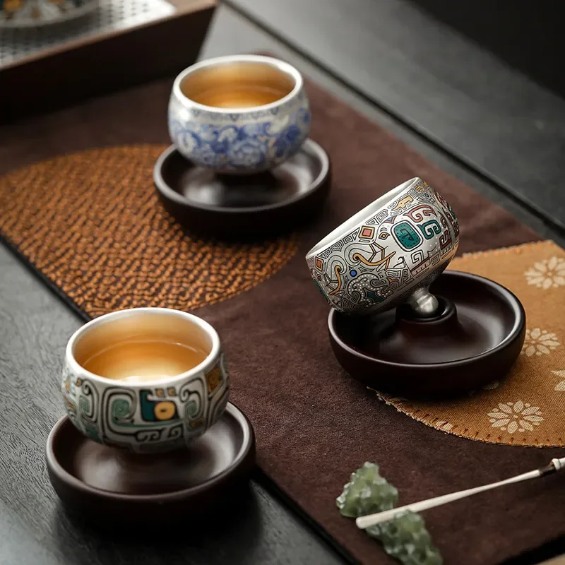 for 999 Sterling Silver Teacup Single Cup with Ceramic Base High End Master Cup 360 Degree Rotatable Tea Set