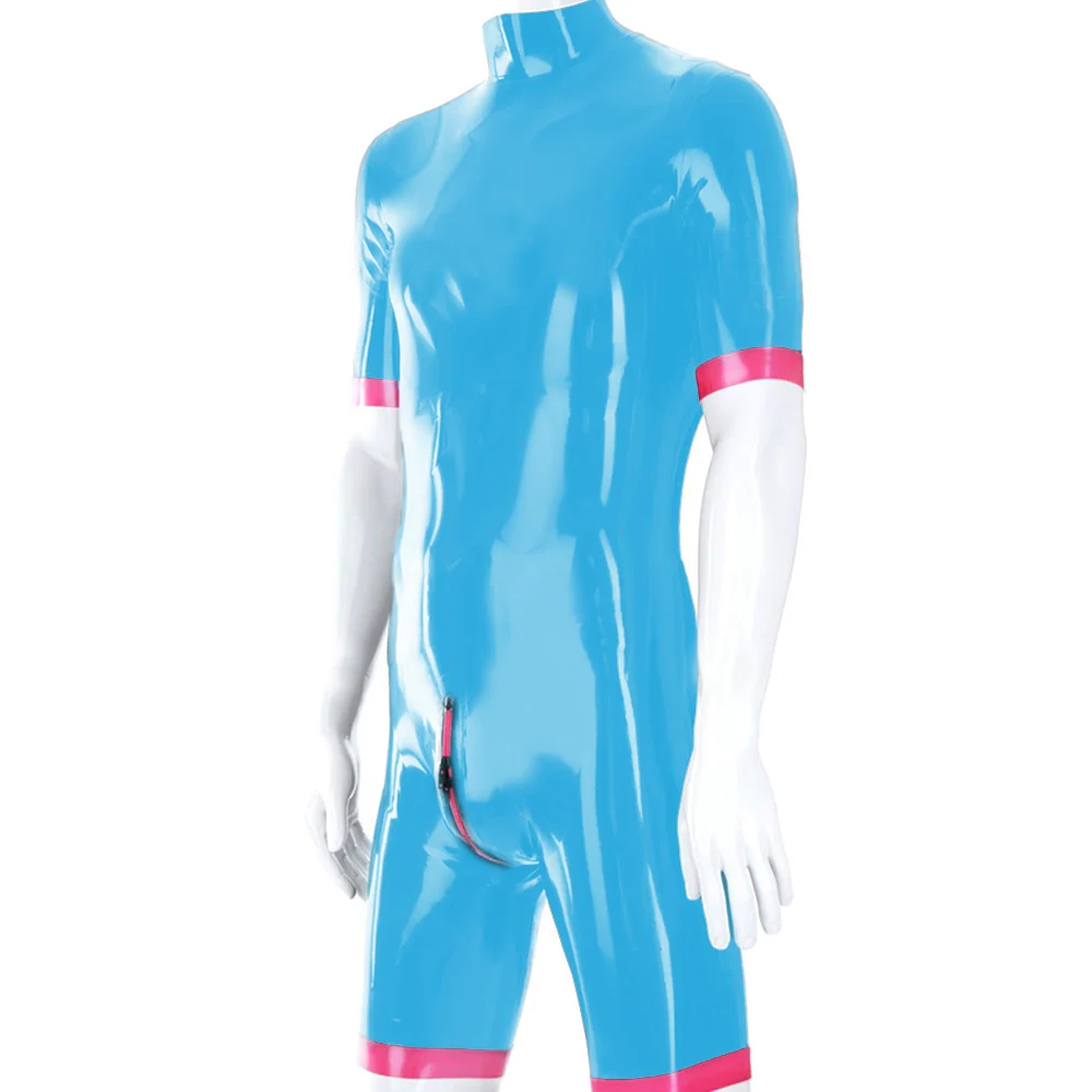 Erotische wetlook PVC bodysuit, playsuit met korte mouwen, open kruis, shorts met rits, catsuit, sexy heren rompertjes, cosplay lingerie, fetish