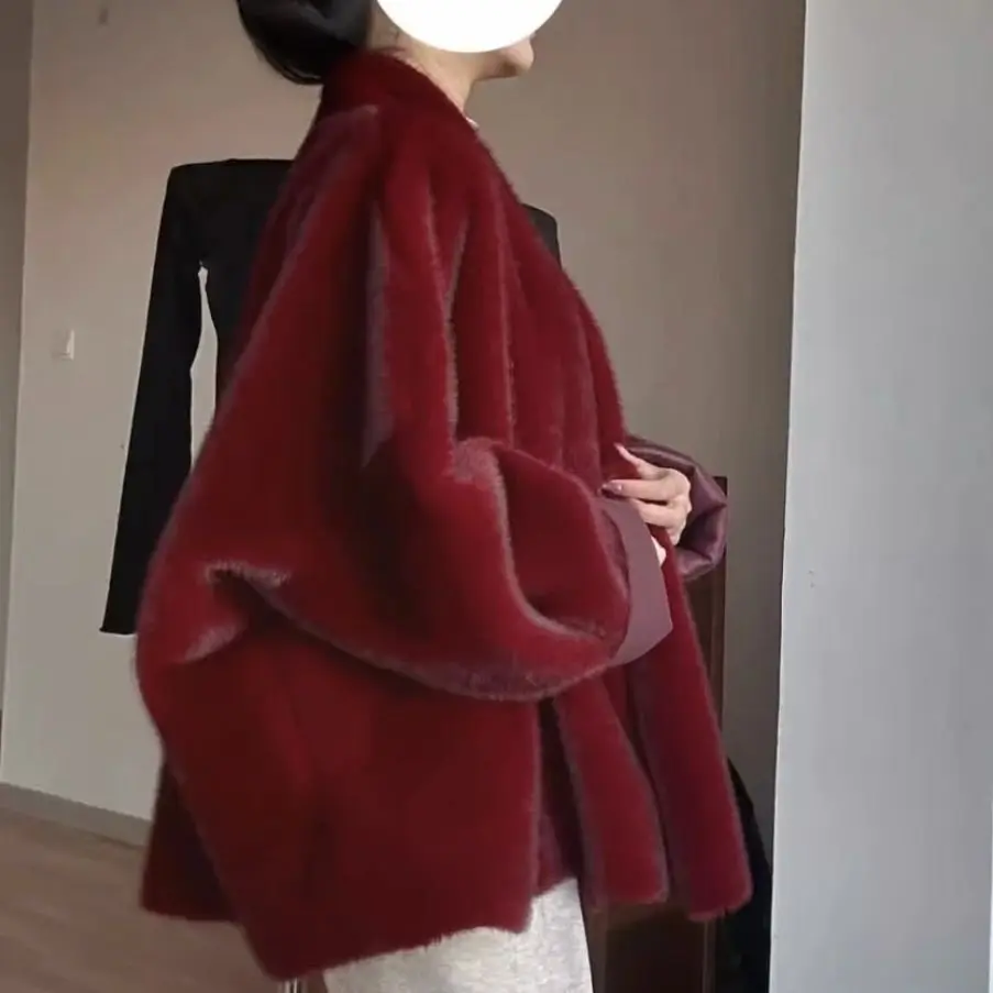 معاطف نسائية ماكسي من الفرو الصناعي معطف متوسط الطول أنيق سميك دافئ كم كامل غرزة مفتوحة فضفاضة أمي الخريف الشتاء ملابس الشارع