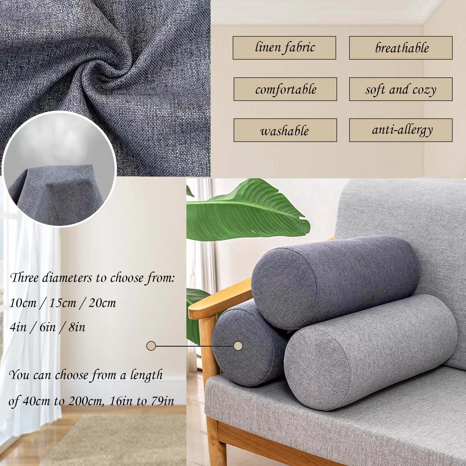 وسادة لفة إسفنجية للركبة/الساق/الرقبة، وسادة أسطوانية مستديرة للنوم على الجانب أو الخلفي غطاء تبريد قابل للإزالة