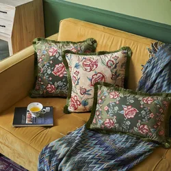 American Style Pillow Cover Decorative Cushion Case Retro Classical Flora Velvet Tassel Home Cojines Soft Sofa Chair Coussin