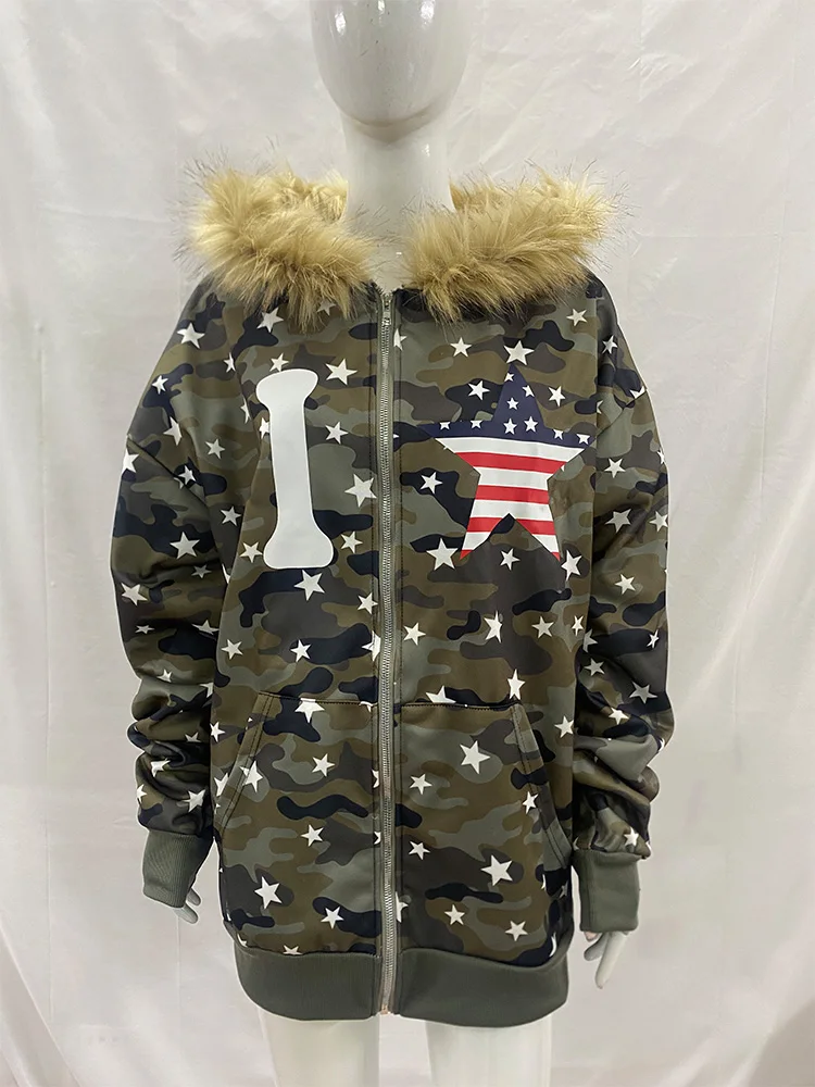 Inverno quente camuflagem estrela impressão hoodie feminino pele do falso zipup moletom moda oversized streetwear jaqueta com capuz 2026 novo