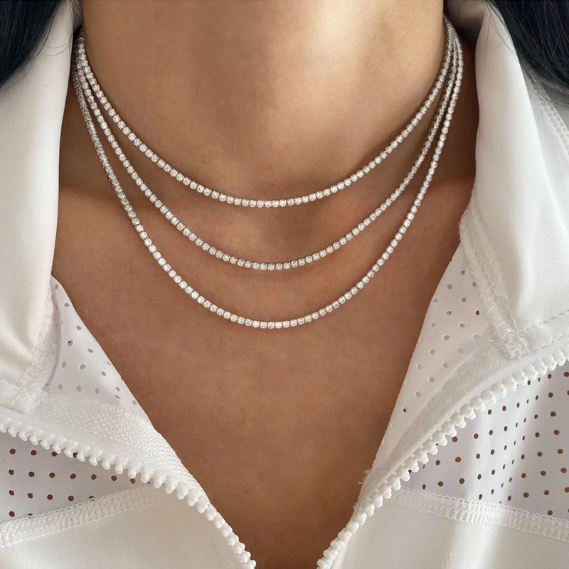 2.0mm Dazzling White Zircon Choker Necklace Luxury CZ Tennis Chain Necklace for Women Jewelry Gift Cuban Chain Crystal Necklace