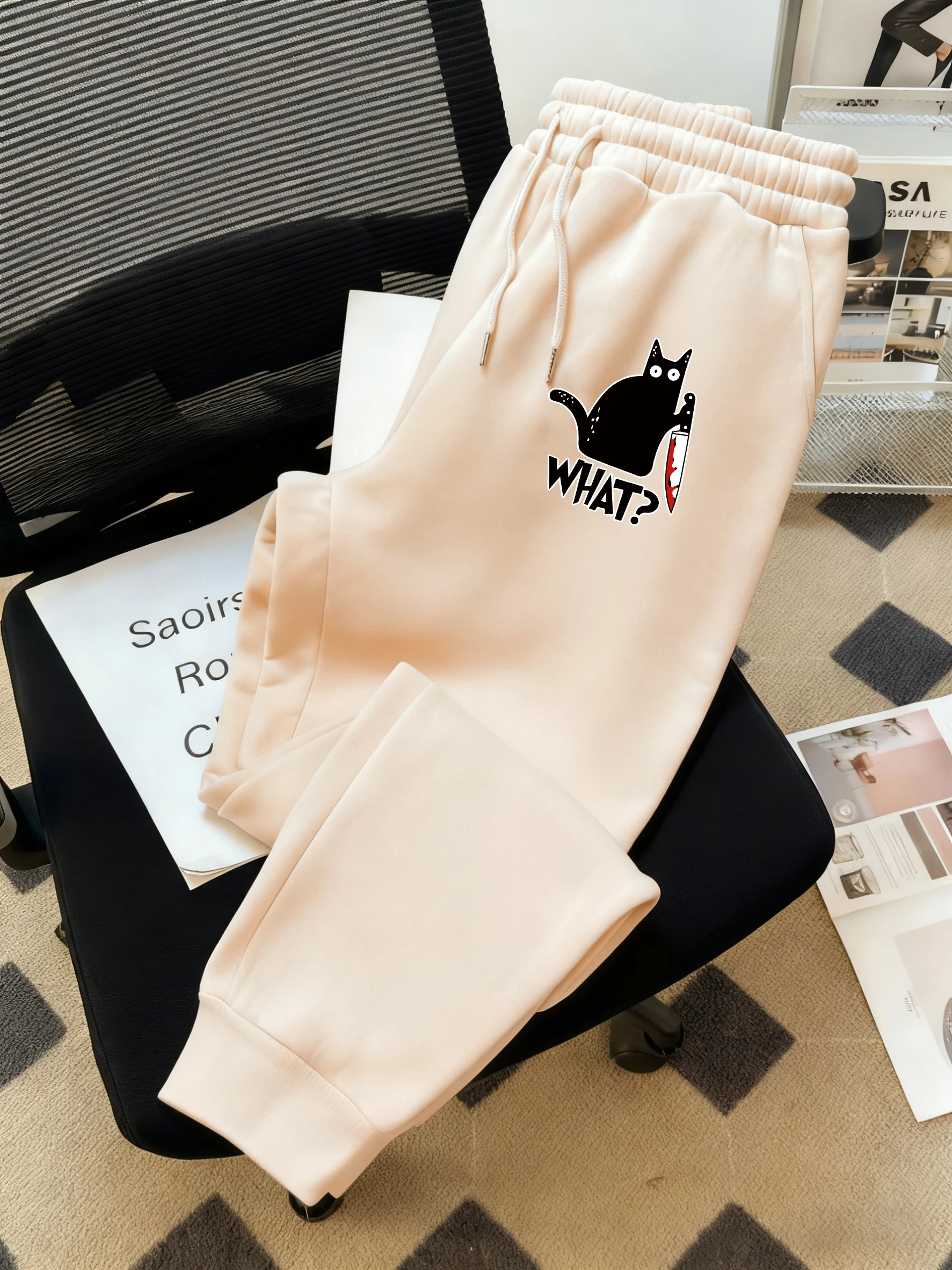 

Little Black Cat Holding A Knife Mens Trousers Casual Autumn Man Pants Pocket Comfortable Sweatpants Fleece Male Basics Pant