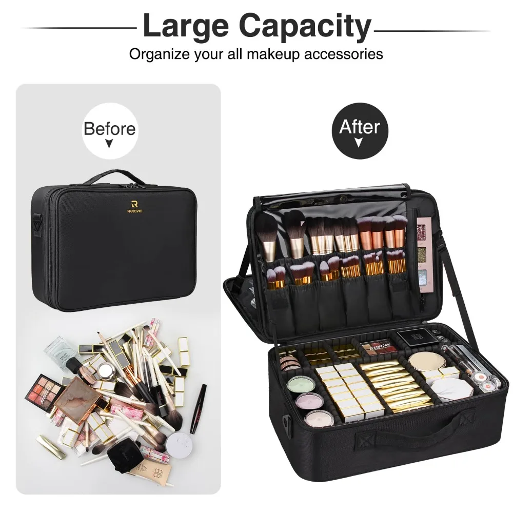 Large 3-Layer Makeup Case Cosmetic Organizer Brush Bag Train Box for Hair Tools and Cosmetics