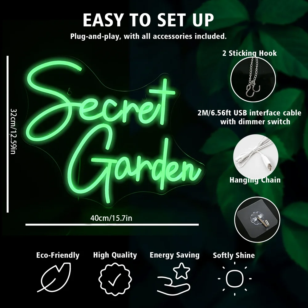 Imagem -03 - Secret Garden Neon Sign For Wall Decor Green Neon Lights Sinais Led para Festa do Pátio Aniversário Aniversário Casamento Sinal de Neon Regulável