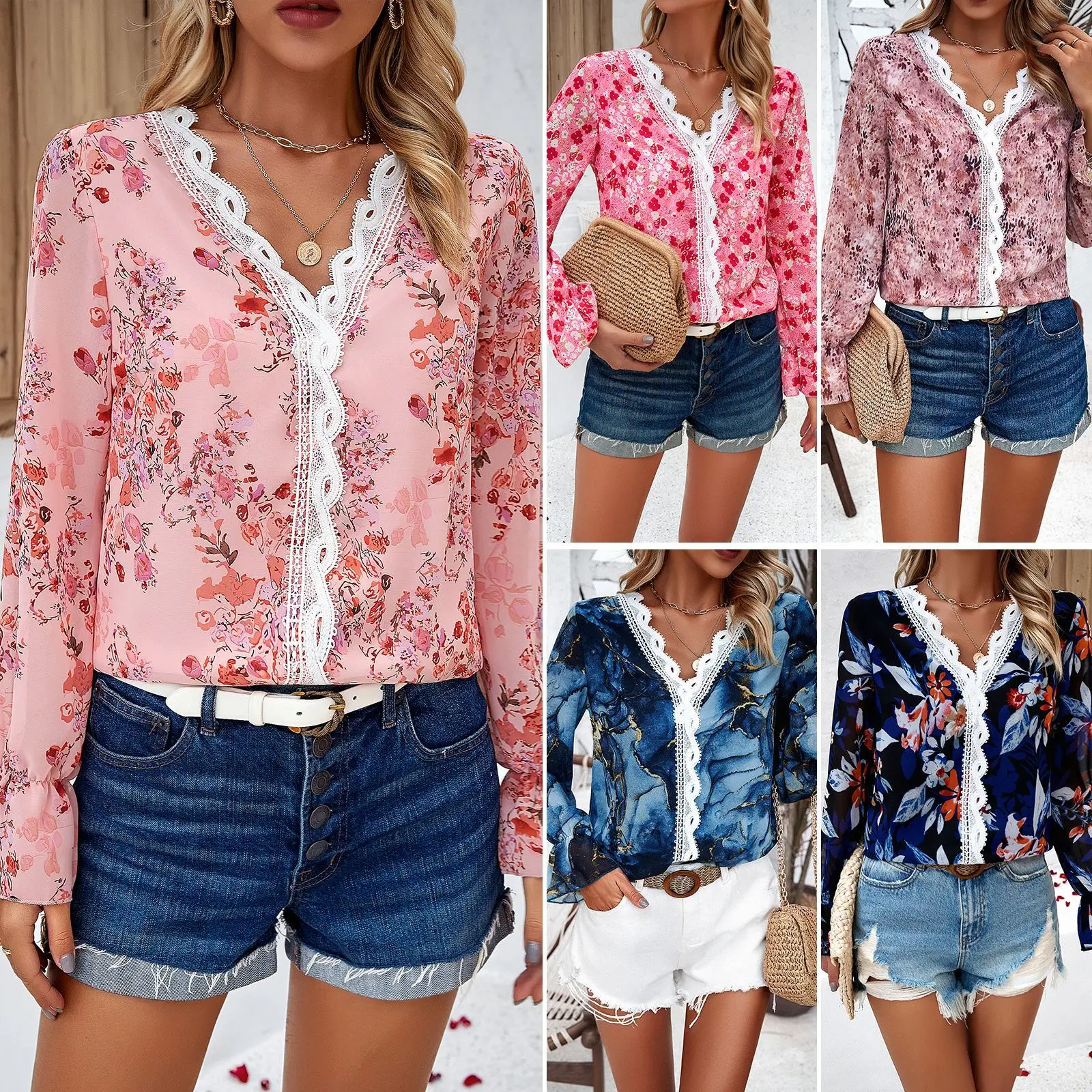 

Spring and Summer Temperament Casual Printing Long-sleeved V-neck Blouse