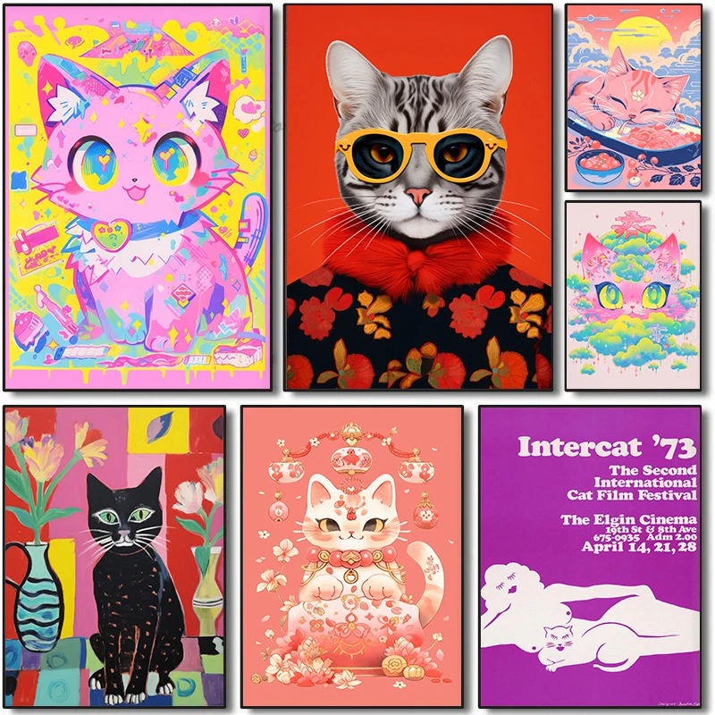 Japanese Lucky Cat Fashion Colorful Cat Cute Animal Posters and Prints Canvas Printing Wall Art Picture for Living Room Decor