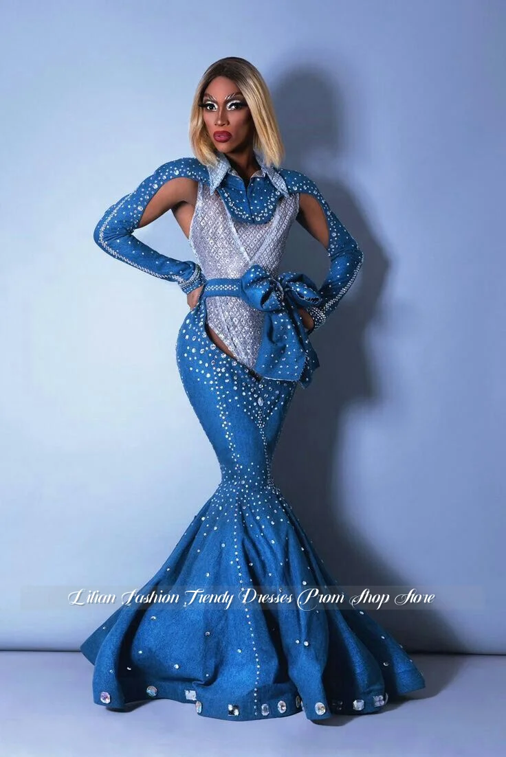 カスタマイズされたブルーグラマラスイブニングドレスクリスタルアップリケマーメイドウエディングドレスフォーマルオケージョンドレスウェディングパーティードレス