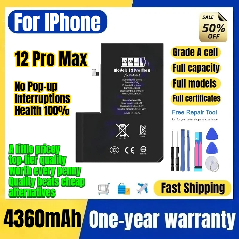 A2411/A2342 for IPhone 12 Pro Max Phone Battery No Pop-up Interruptions Health 100% Replacement Bateria Grade A Cell with Tools