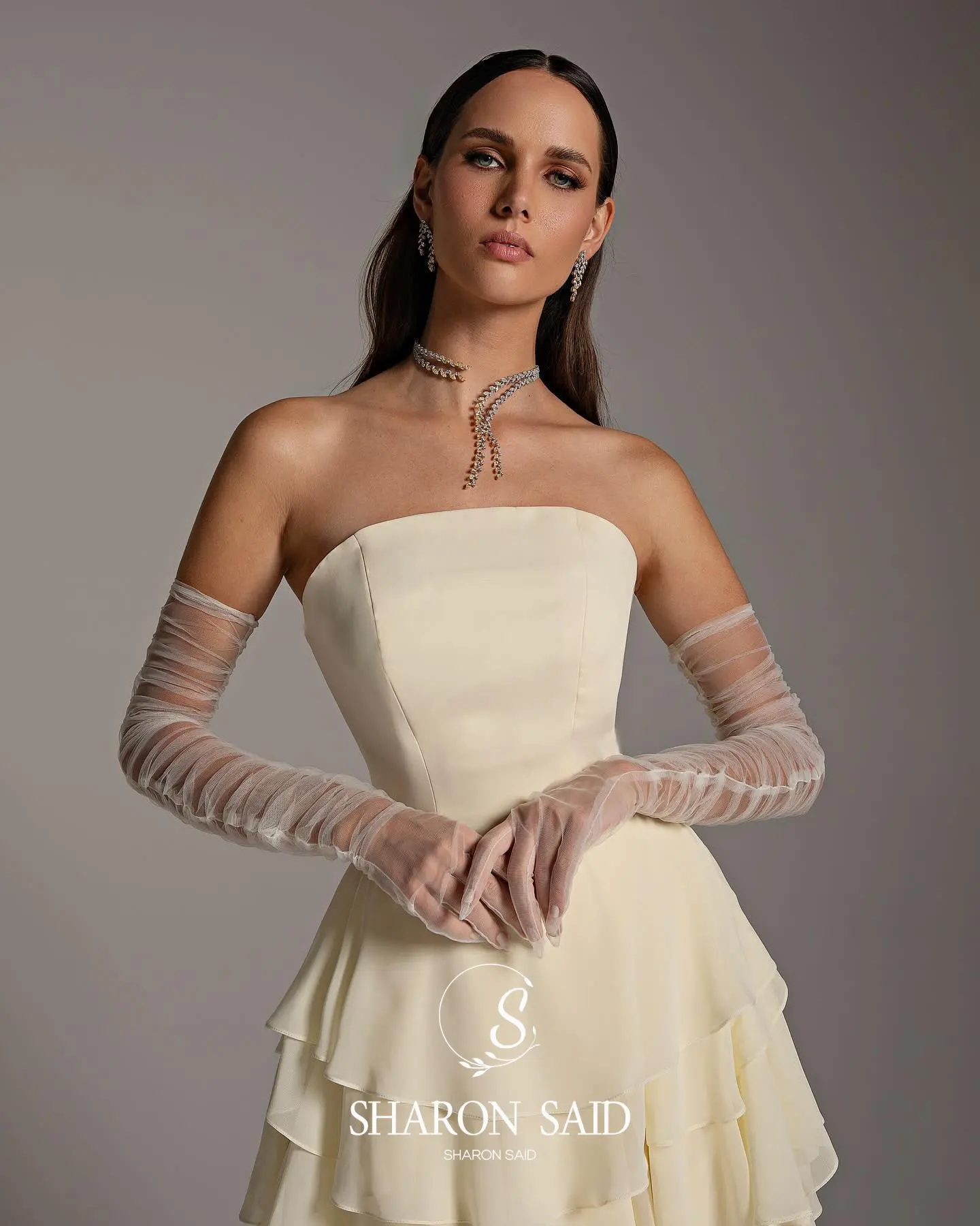 Sharon Said Dubai Beige Strapless Avondjurken met Ruche Handschoenen voor Vrouwen Bruiloft Formele Jurk SF256 Aangepast