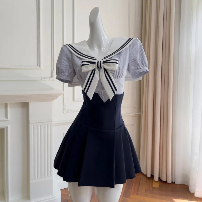

VIBE Striped Fish bone Sailor Collar Top High Waist Skirt Short Skirt Preppy Style Hot Girl Two-Piece Navy Style Set