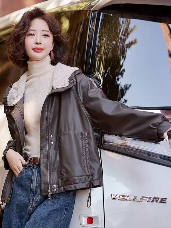 Thiened Fce 暖かいレザー風ジャケット レディース 冬用 小さいサイズ カジュアル ゆったり ファー付き フード付きコート ジッパー開閉 ロング丈...