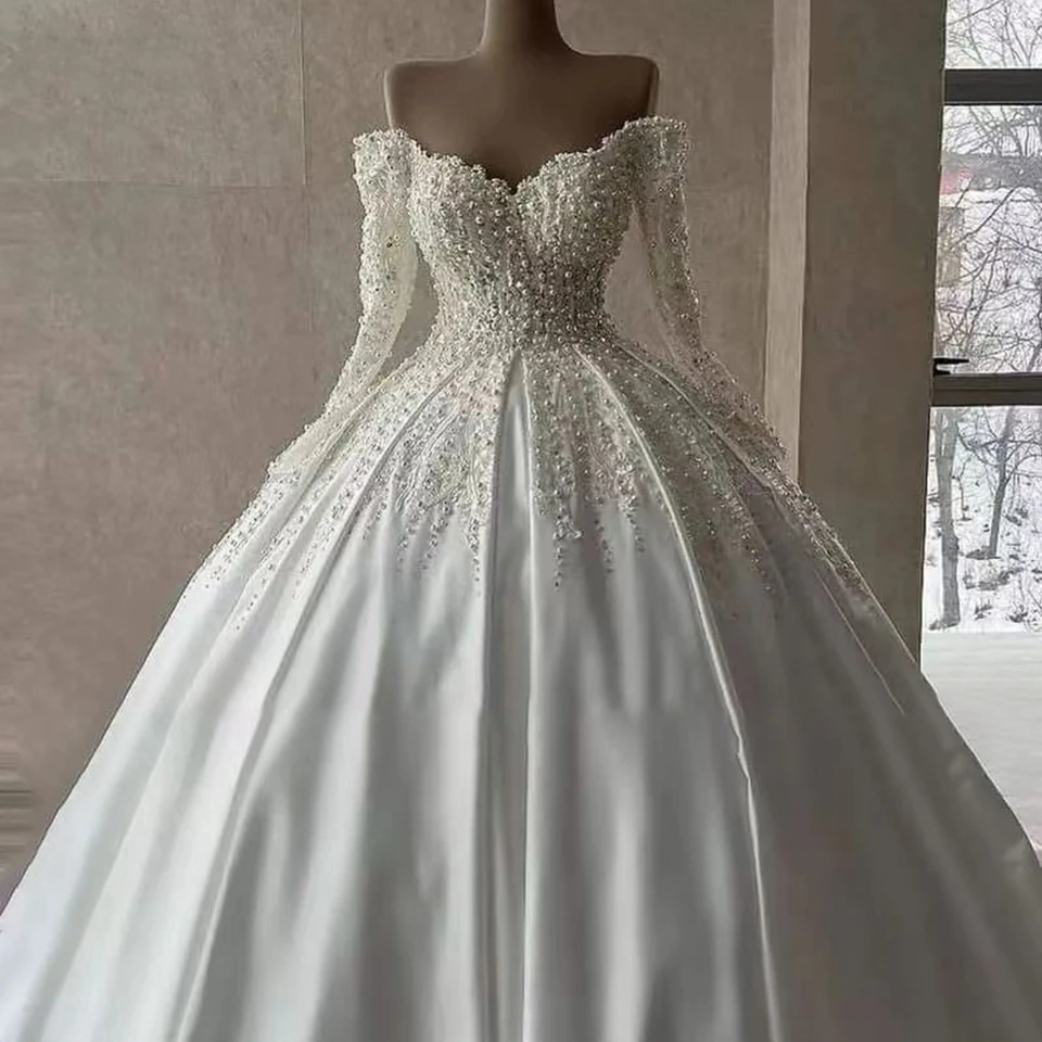 Haute Couture Lvory White Sequined Off the Shoulder Satin Pleat Ball Gown Pearls Backless Floor-Length Wedding Dress