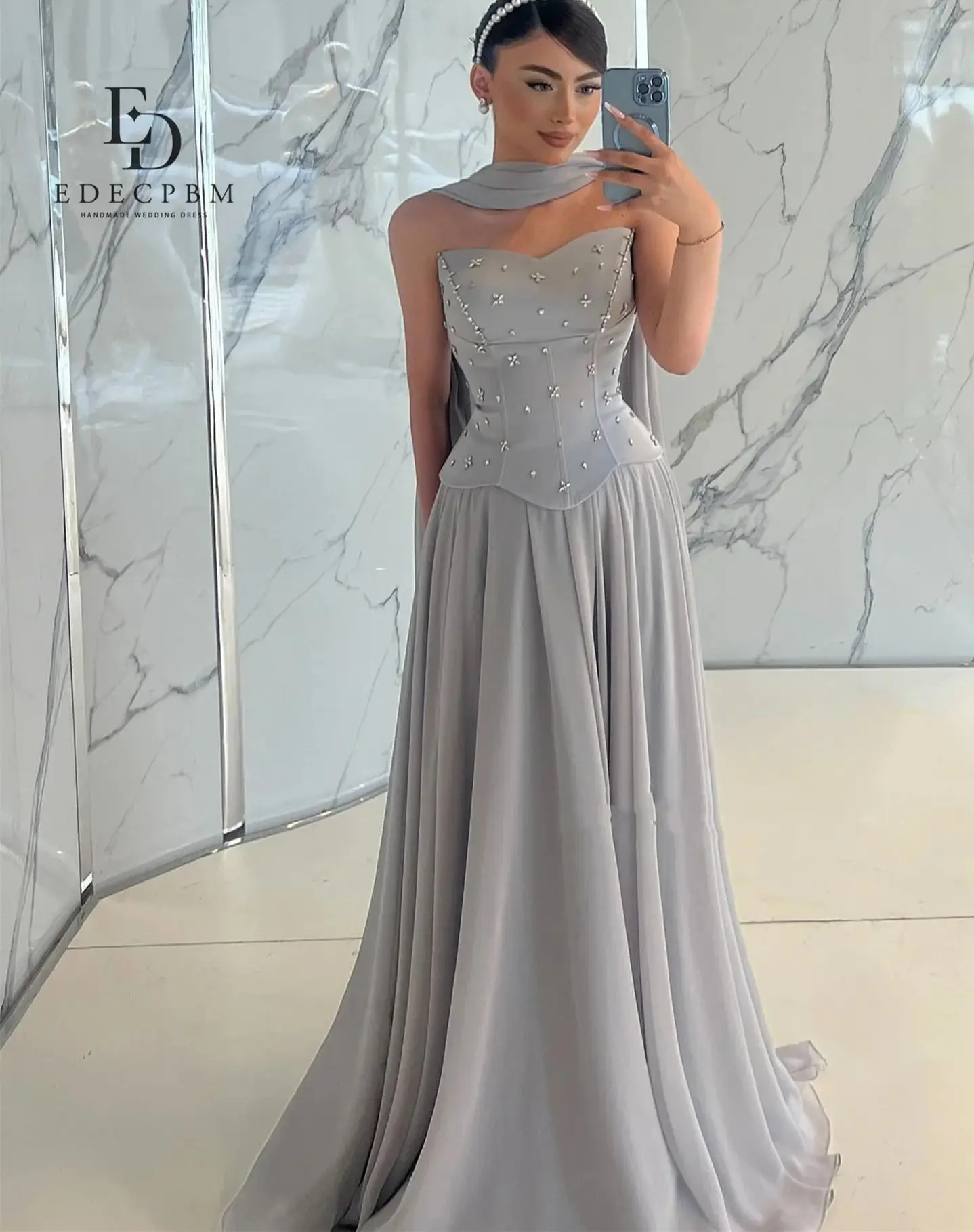 EDECPBM فساتين سهرة Dresses Gala Evening Dresses 2025 Woman Shawl Customized Grey Vestidos De Festa A-line Women's Prom Dress image 5