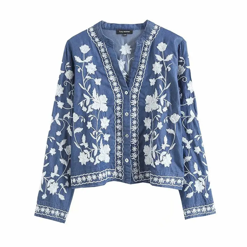 2025 New Embroidered Denim Shirt Women Streetwear Dark/Light Blue Long Sleeve Autumn Fashion Casual Blouse Top