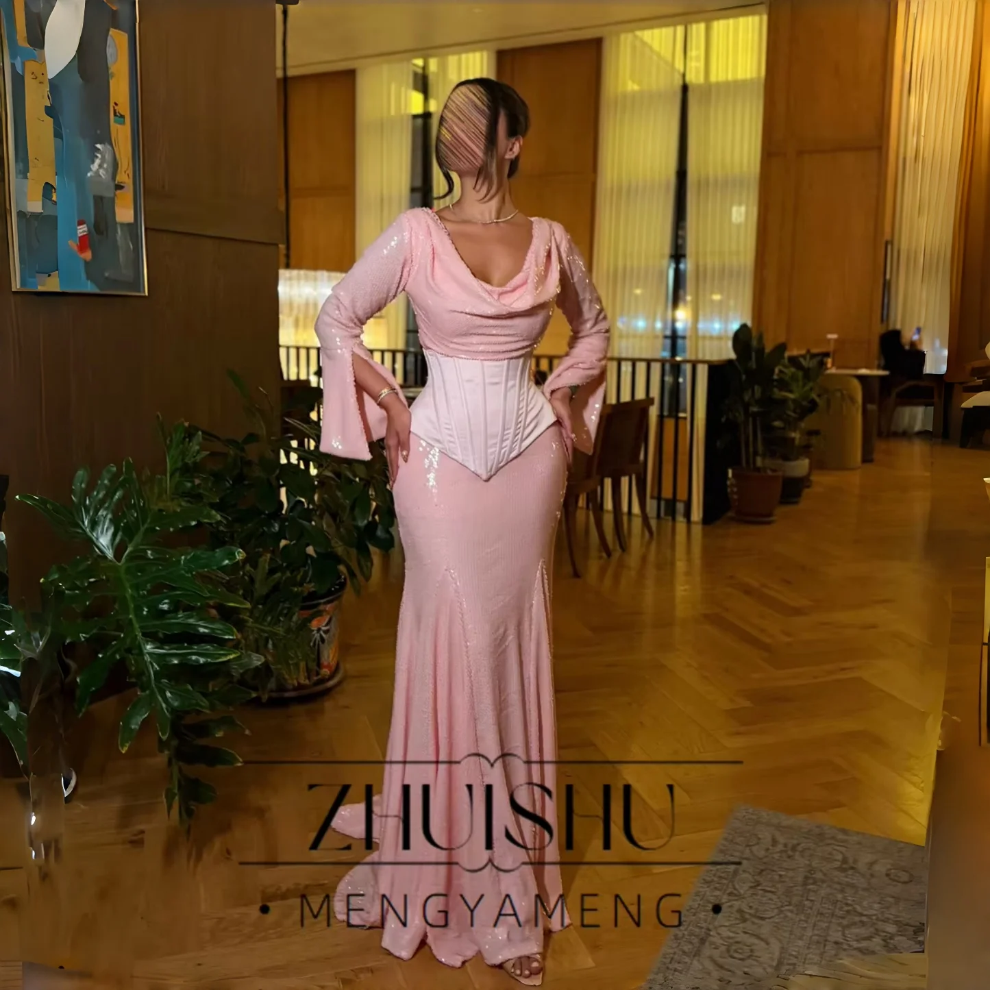 ZHUISHU Modern Pink Sequins Mermaid Evening Dress Women Long Sleeves Boat-Neck Pleat Formal Party Gowns Customized فساتين سهرة