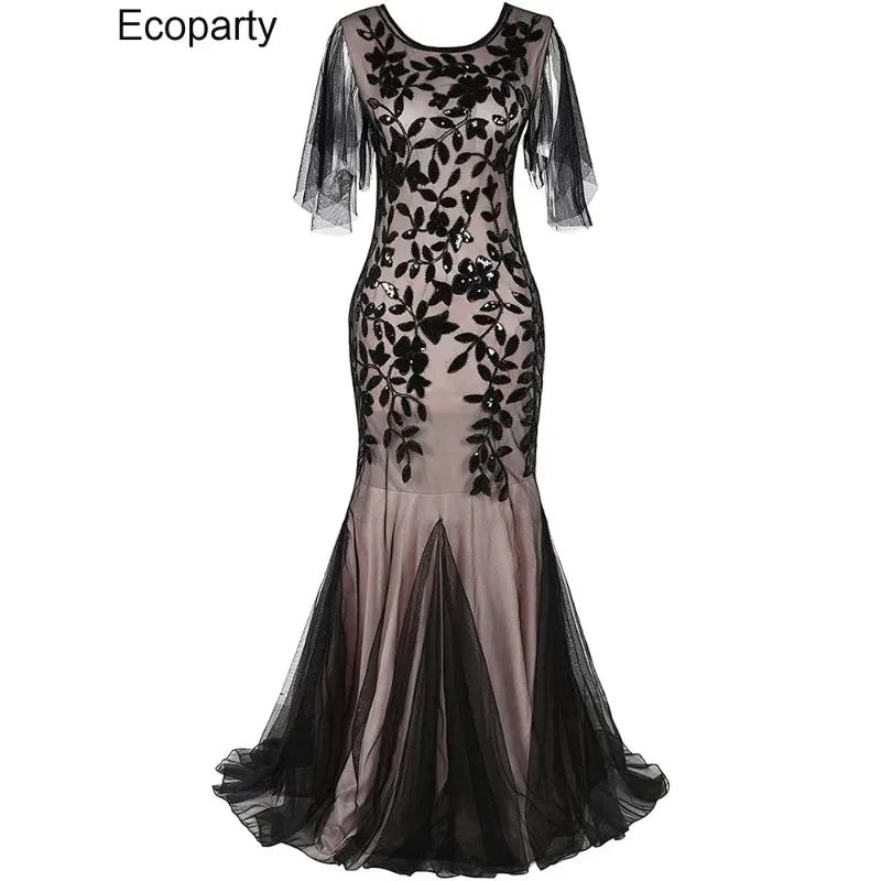 Women O-neck Tulle Embroider Evening Dress Elegant Mermaid Vintage 1920s Party Dress Great Gatsby Mesh Sequin Maxi Long Dress 35