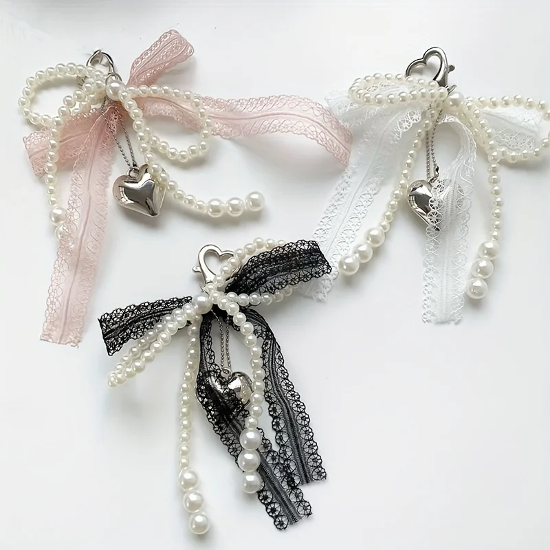 1pc Elegant Lace & Pearl Bow Keychain - Heart-Shaped Resin Charm with Black & White Beads, Perfect for Bags, Backpacks,and Gifts