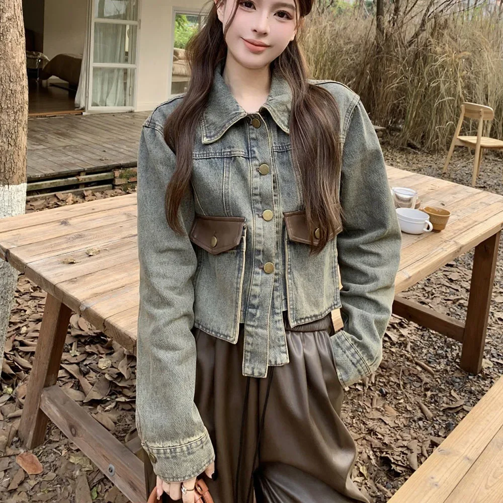 Streetwear Vintage Patchwork Short Jeans Coat Female Y2k Cropped Denim Women Harajuku Korean Slim Casual Pocket Outerwear